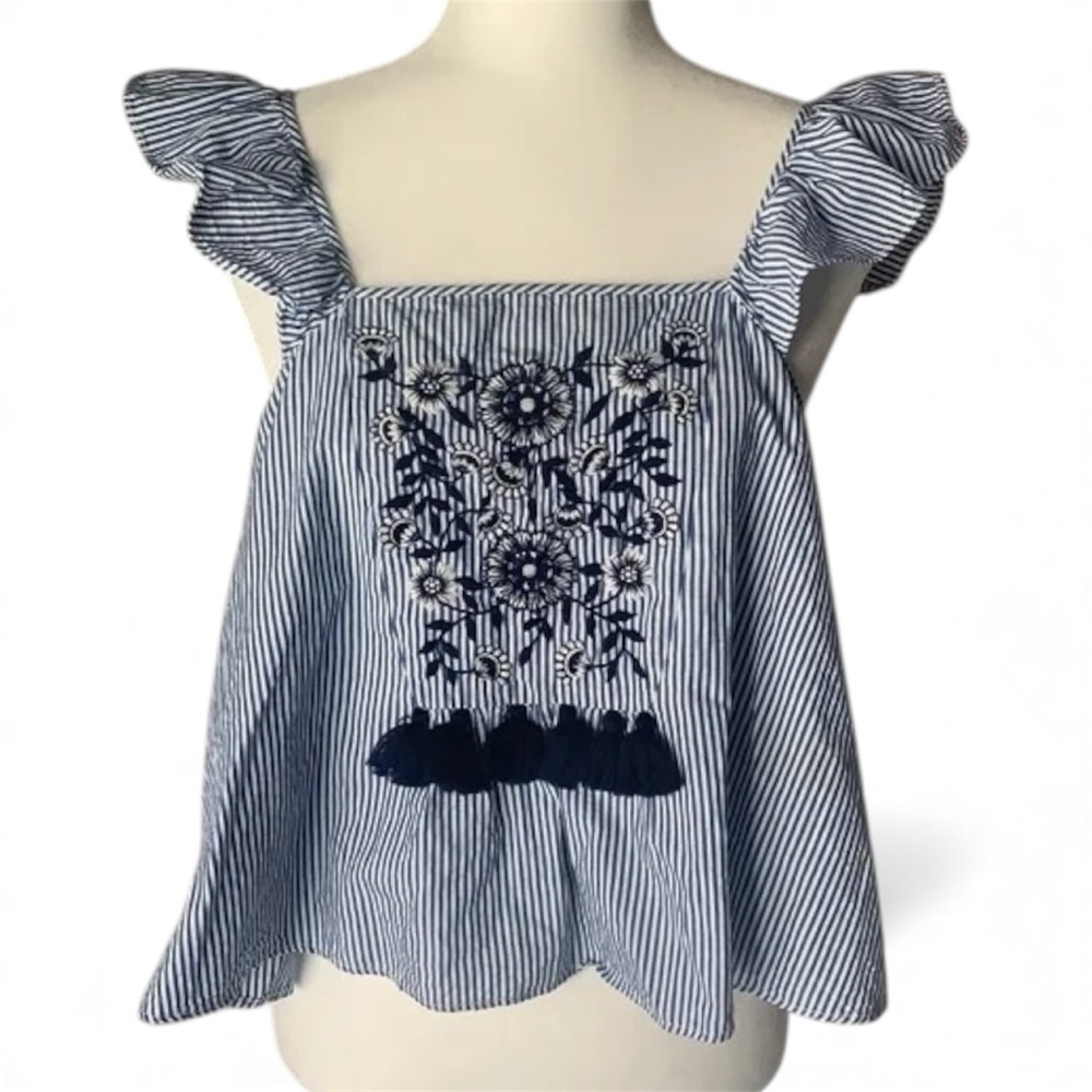 Zara TRF Collection Ruffle Sleeveless Top blue Stripes,‎ Women’s Small